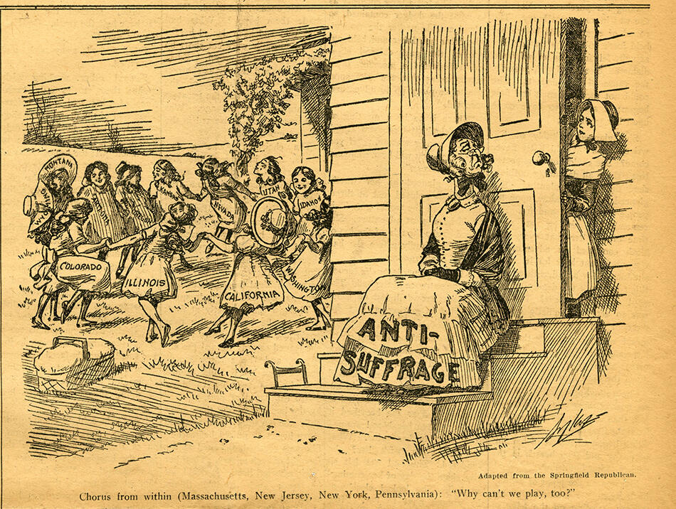 A women's suffrage political cartoon by Charles H. Sykes that ran in the “Woman's Journal and Suffrage News" on May 29, 1915. Via the Social Welfare History Image Portal.
