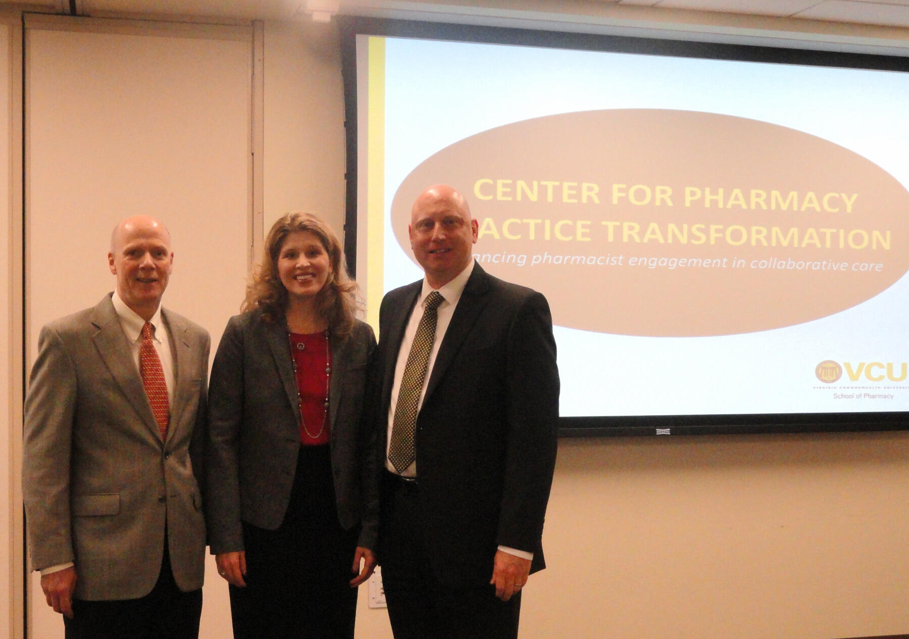 Joseph T. DiPiro (left), Pharm.D., dean of the School of Pharmacy, with Leticia Moczygemba (middle), Pharm.D., Ph.D., associate professor in the Department of Pharmacotherapy and Outcomes Science, and Donald Brophy, Pharm.D., professor and chairman in the Department of Pharmacotherapy and Outcomes Science, at the opening of the School of Pharmacy’s Center for Pharmacy Practice Transformation.
