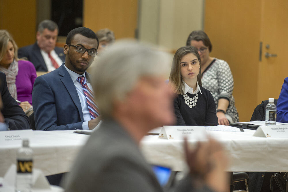 VCU students Douglas Smith and Maddie Berghuis, who are both members of VCU LEAD, a living-learning program for undergraduates dedicated to developing their leadership skills, were among those contributing to the discussion about improving internship opportunities in the state. (Photo by Kevin Morley, University Marketing)