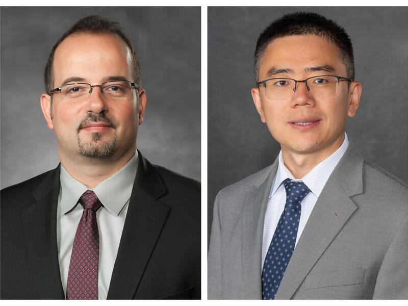 Two photos side by side of men wearing suits, ties, and glasses from the shouldrs up. 