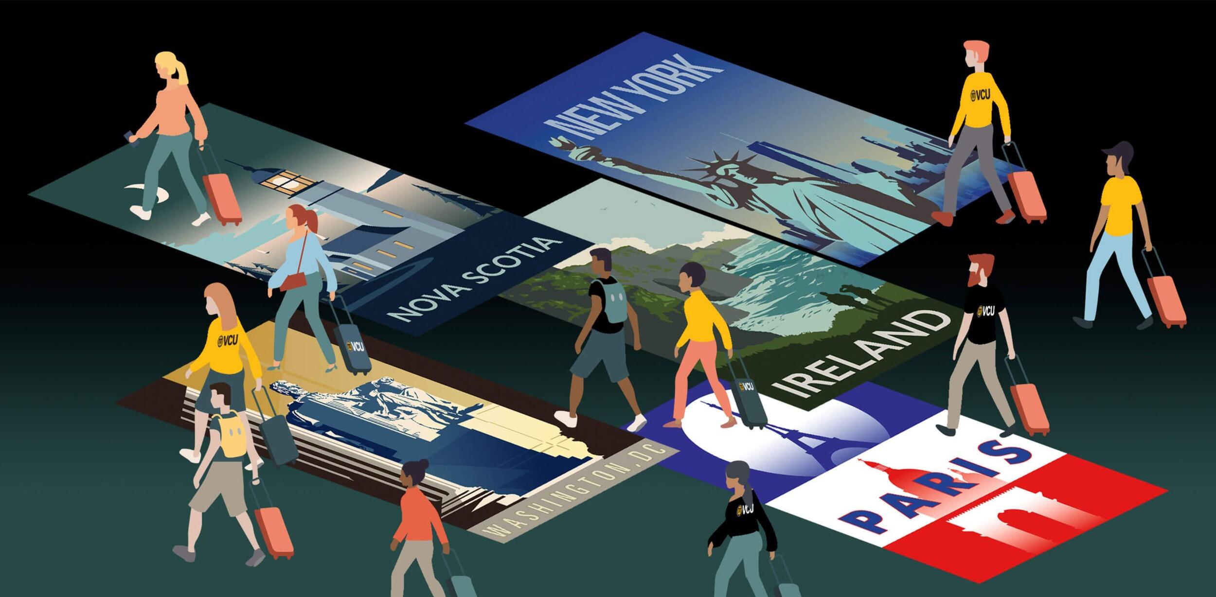 Illustration of people wearing VCU T-shirts and pulling suitcases as the walk across travel posters.