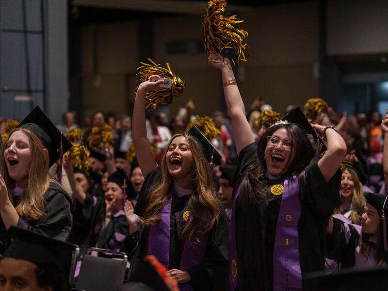 People in caps and gowns stand, cheer and wave black and yellow pom poms.