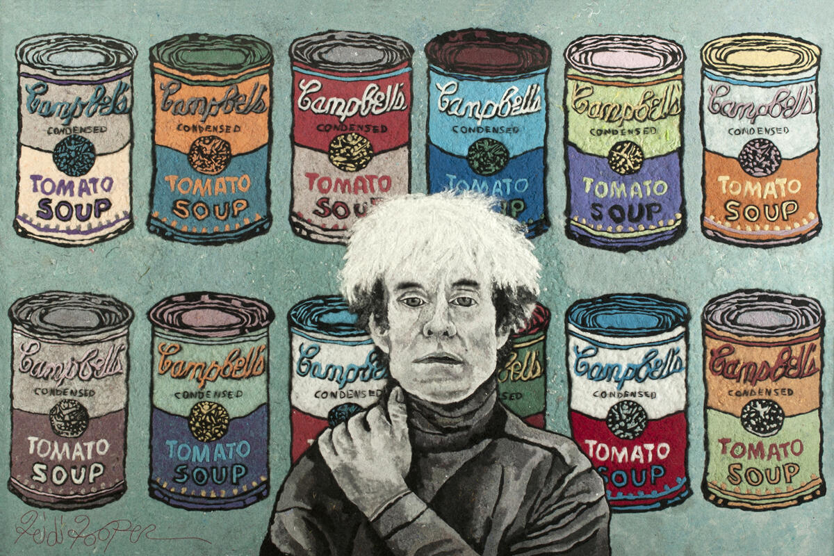 Portrait of Andy Warhol using dryer lint with soup cans in the background.