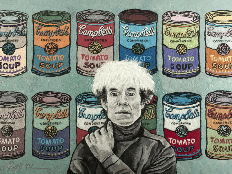 Portrait of Andy Warhol using dryer lint with soup cans in the background.