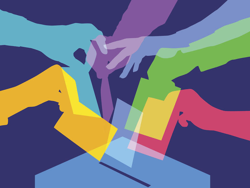 illustration of hands placing ballots in a box to vote