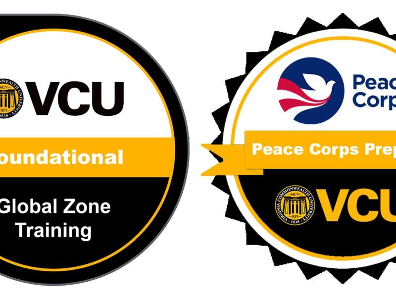 Two digital badges side by side. The badge on the lefts says \"VCU Foundational Global Zone Traning.\" The badge on the right says \"Peace Corps Peace Corps Prep VCU\"