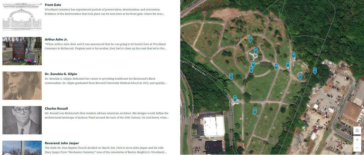 To the left are a series of images and short bios for individuals. To the right is a map with locations marked.
