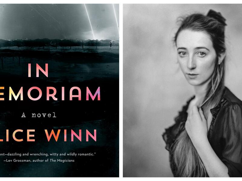 A photo of a book cover next to a photo of a woman from the chest up.