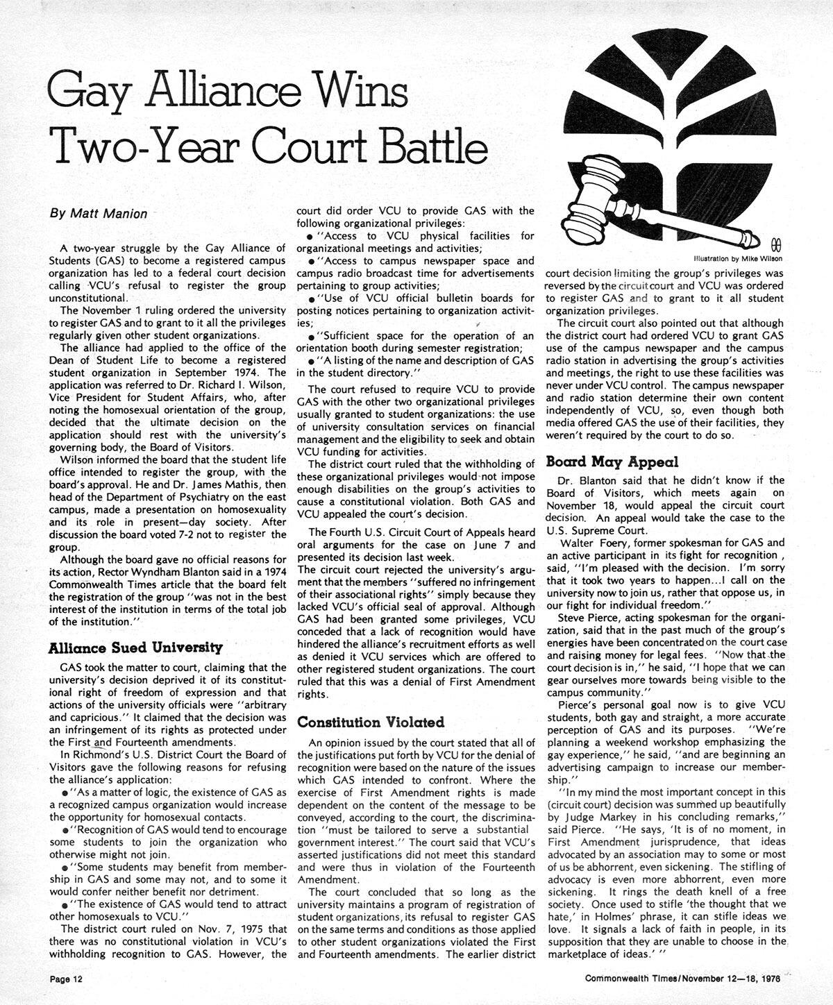 “Gay Alliance Wins Two-Year Court Battle”
<br>The Commonwealth Times, Nov. 12-18, 1976
<br>Source: VCU Libraries' Commonwealth Times Digital Collection