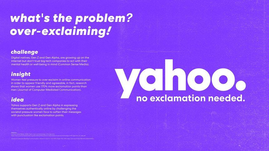 White text on a purple backgrlund reads \"what's the problem? over-exclaiming!\" \"yahoo. no exclamation needed.\" 