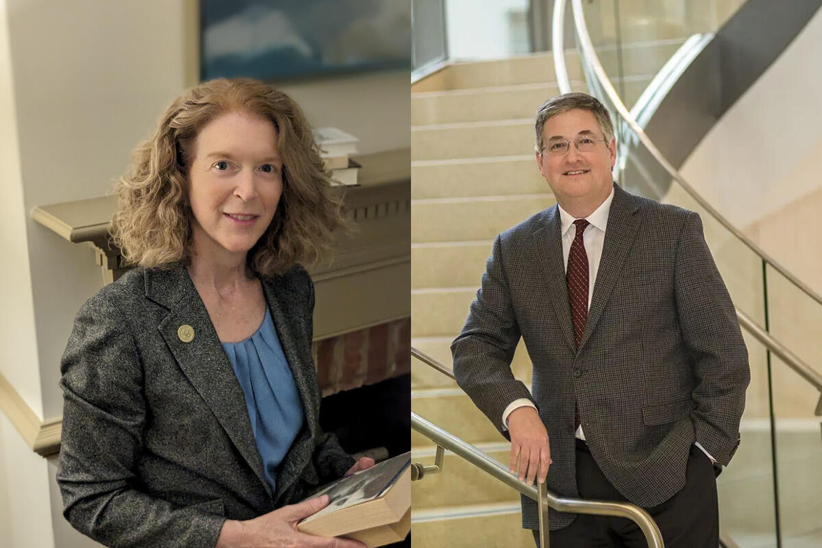 Two photos next to each other, the first of a woman and the second of a man. The photo of the woman is on the left. She is standing in front of a fire place and is holding a book. The photo of the man is on the right and he is standing on a staircase. 