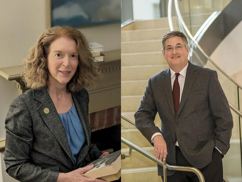 Two photos next to each other, the first of a woman and the second of a man. The photo of the woman is on the left. She is standing in front of a fire place and is holding a book. The photo of the man is on the right and he is standing on a staircase. 