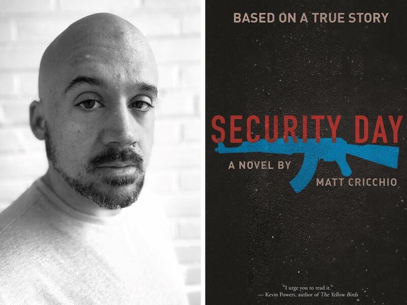 Matt Cricchio and a photo of his book cover of \"Security Day\"