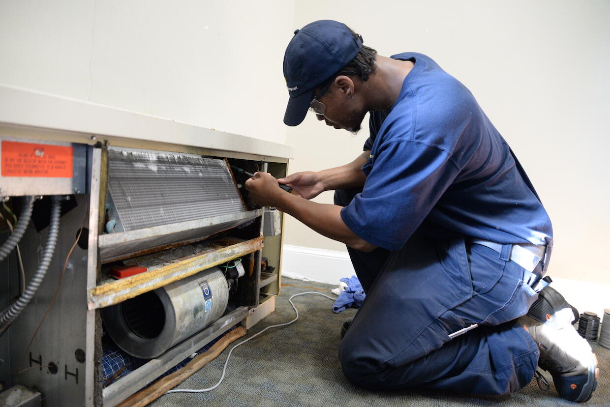Last week, Jones and co-workers in Facilities Management responded to a call in Founder's Hall to switch out a malfunctioning fan cooling unit. (Photo by Brian McNeill, University Public Affairs)