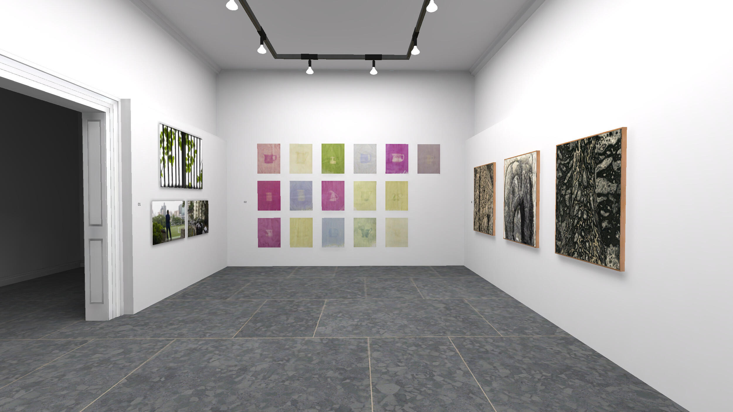 A virtual gallery room with artwork on the walls and lights on the ceiling.