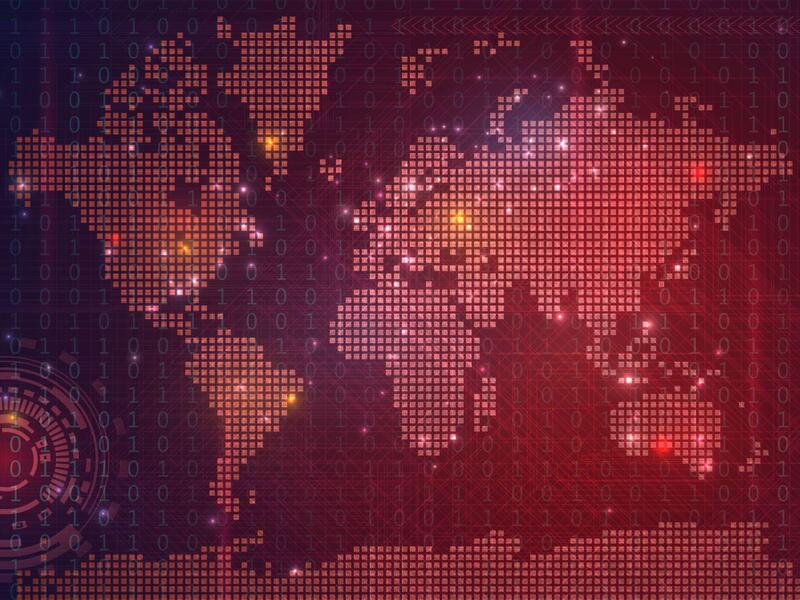 A map of the world made out of red dots that looks like it's part of a computer generated layout