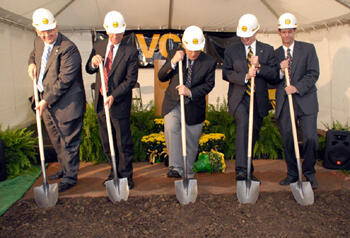 From left: Drs. Gus Vlahos, president of the Virginia Dental Association; Ron Hunt, dean of the VCU School of Dentistry; Eugene P. Trani, VCU President; W. Baxter Perkinson Jr., VCU alumnus and former BOV rector; and Sheldon Retchin, CEO of the VCU Health System, officially break ground on the new four-story dental school building that will be named in honor of Perkinson.