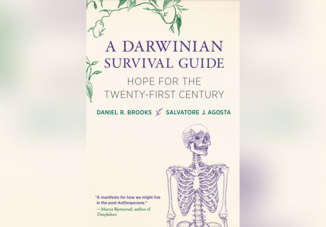 A book cover with an illustration of a human skeleton on it. The cover text says \"“A Darwinian Survival Guide: Hope for the Twenty-First Century”