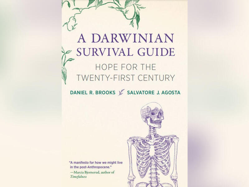 A book cover with an illustration of a human skeleton on it. The cover text says \"“A Darwinian Survival Guide: Hope for the Twenty-First Century”