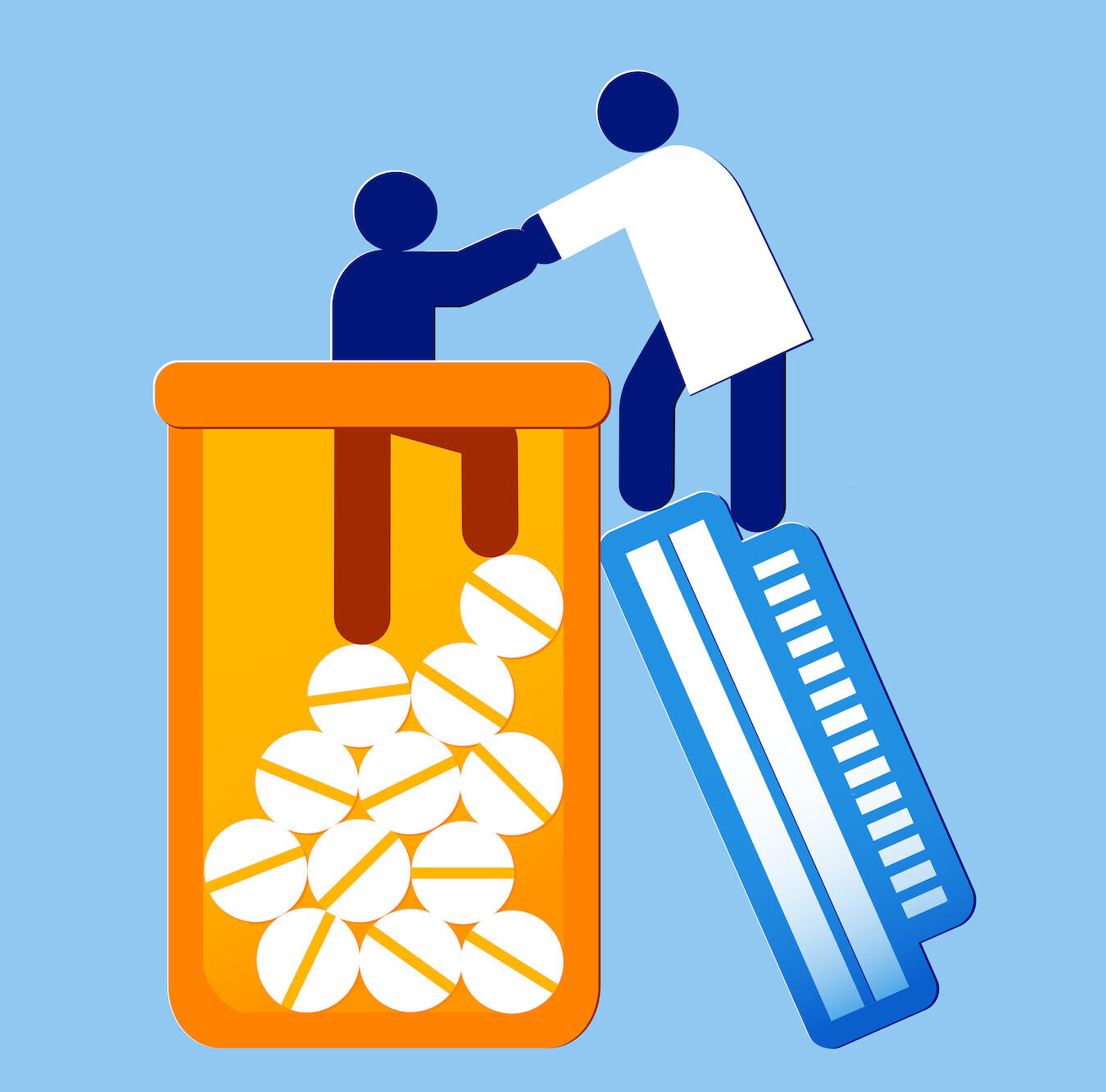 thematic illustration of a doctor helping a patient climb out of a bottle of opioids