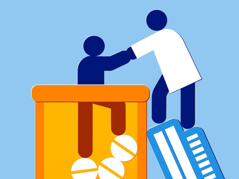 thematic illustration of a doctor helping a patient climb out of a bottle of opioids