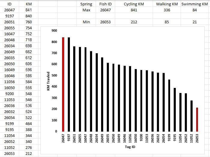 Data showing the distances traveled by spring sturgeon in the James River during 2021