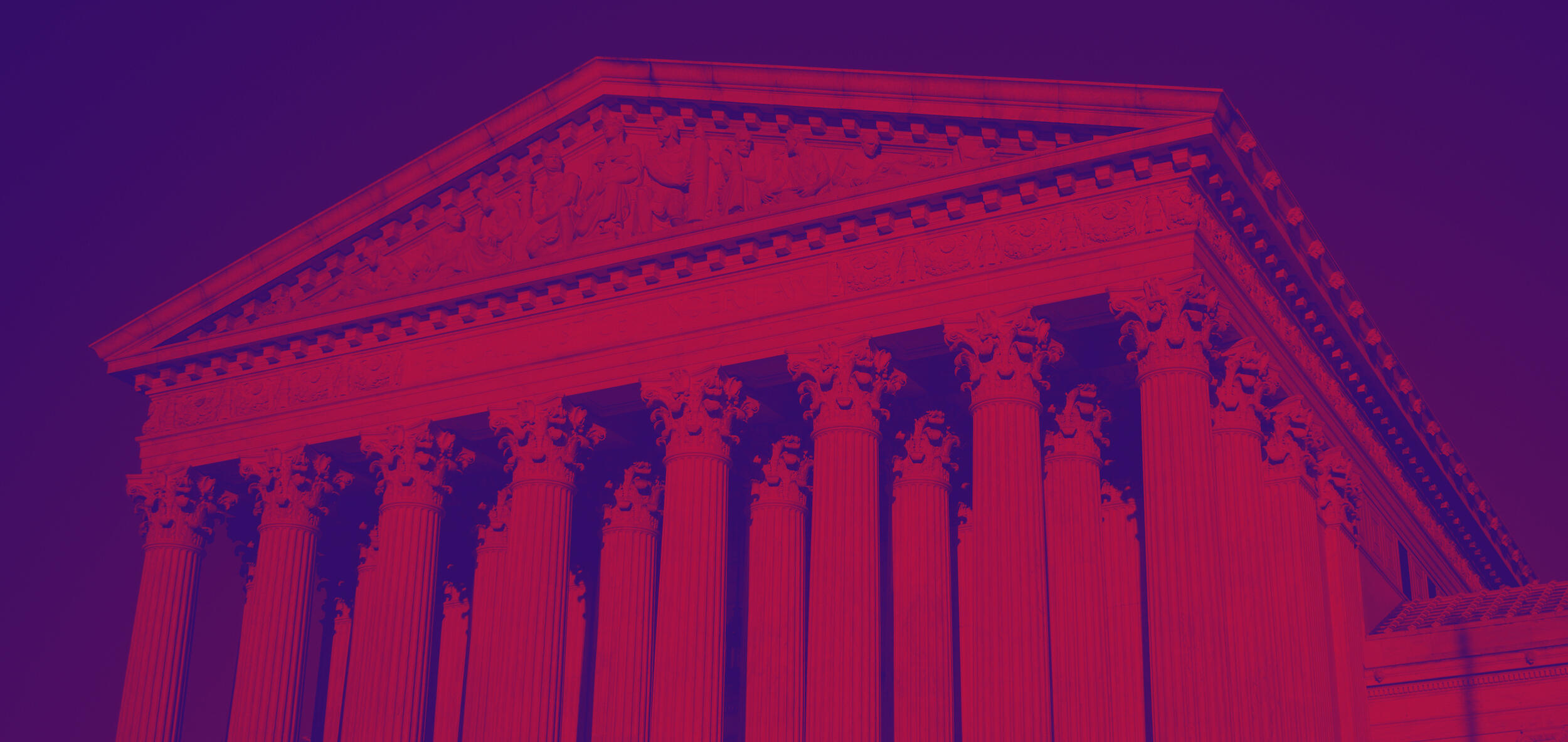 A blue and red photo of the Supreme Court building. 