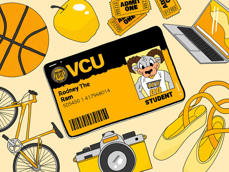 An illustration of a VCU ID card with Rodney the Ram on it. Around the card are a bicycle, a camera, a pair of ballet slippers, a laptop, three admission tickets, an apple, and a basketball.