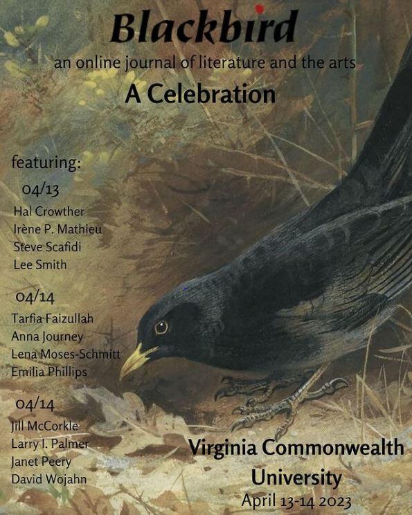 An illustration of a black bird on the ground leaning down towards a leaf 