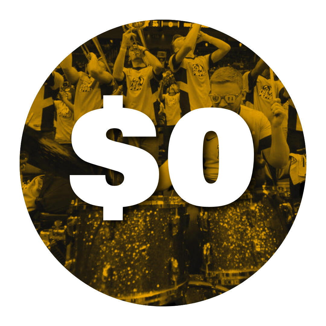 The number $0 overlaying an image of the VCU pep band.