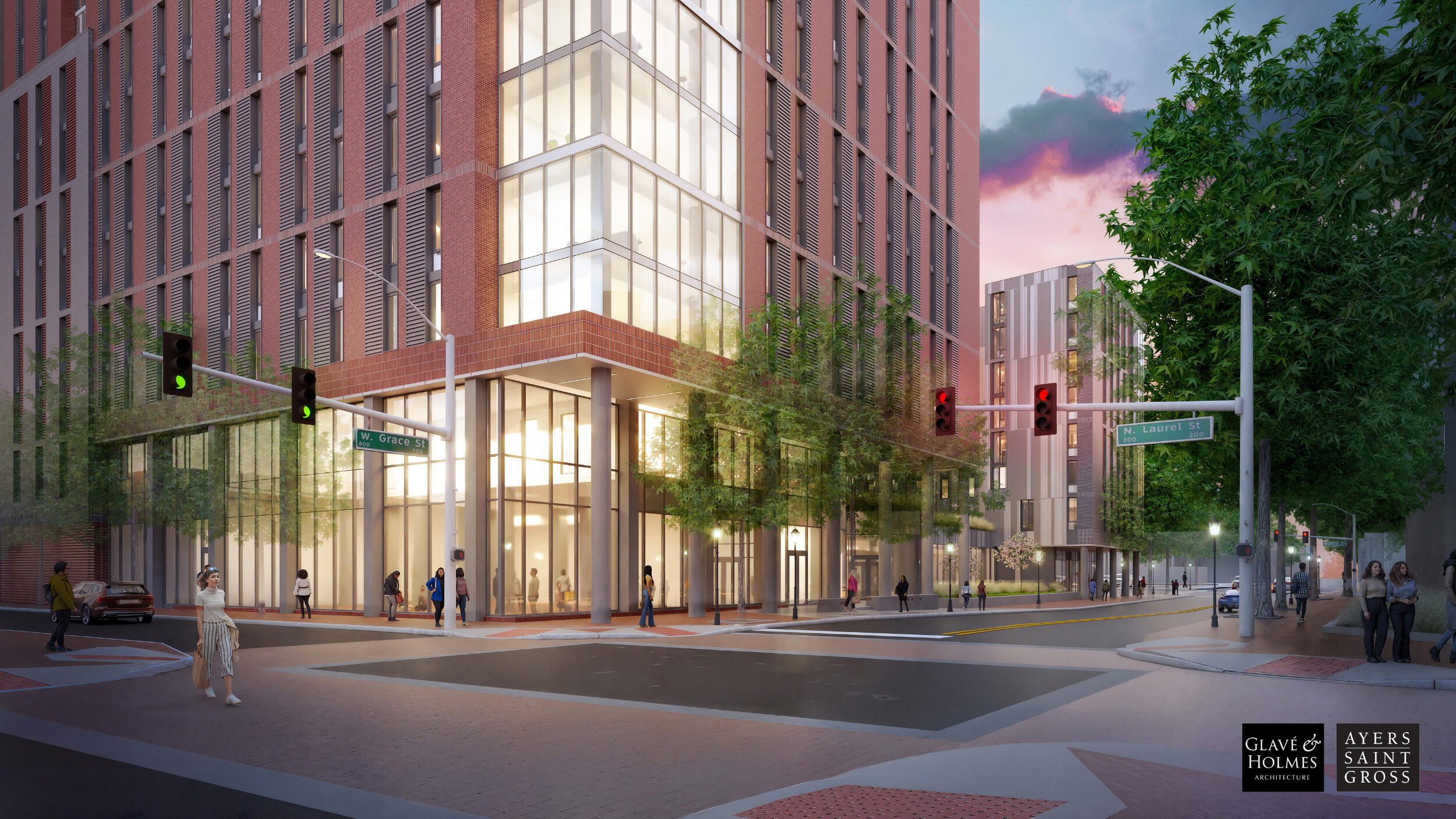 Rendering showing a lit building sitting at an intersection with people inside the first floor of the building and walking outside.