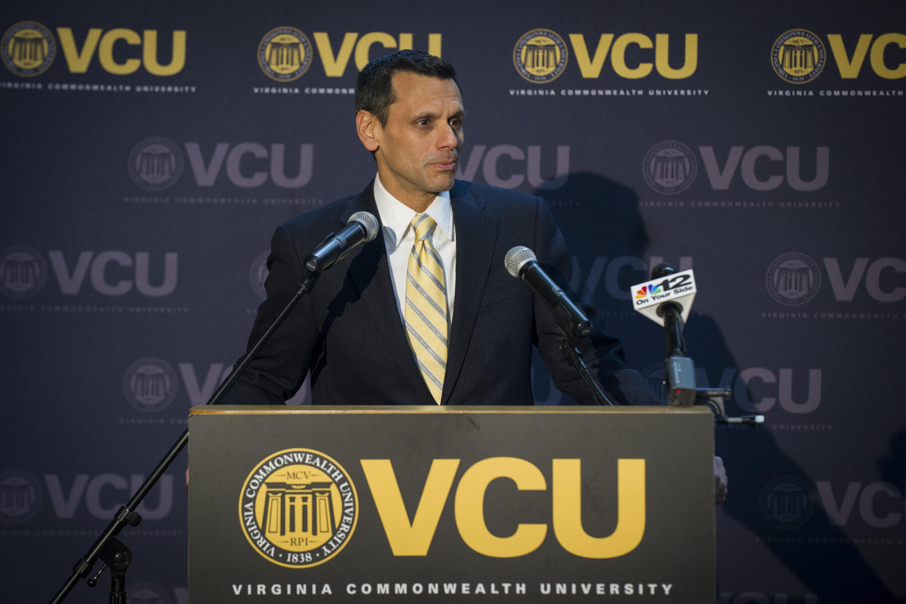 VCU President Michael Rao, Ph.D., speaks during the announcement of the “VCU’s Impact on the Region: Talent, Innovation, Collaboration” report Tuesday, Jan. 11 at the Virginia BioTechnology Research Park.
<br>Photo by Julia Rendleman, University Marketing.