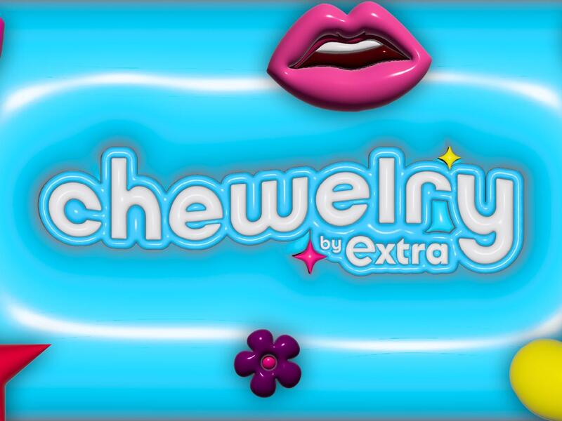 An illustration with 3D images of a heart, flower, star, butterfly, smiley face, and a mouth. White text reads \"chewelry extra.\" 
